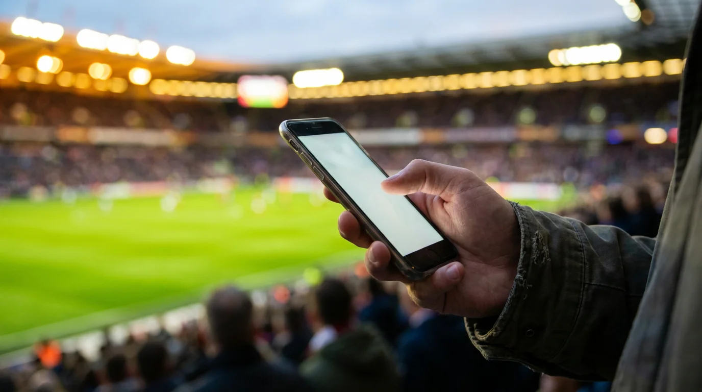 Mano sosteniendo un teléfono móvil con la pantalla encendida en un estadio de fútbol