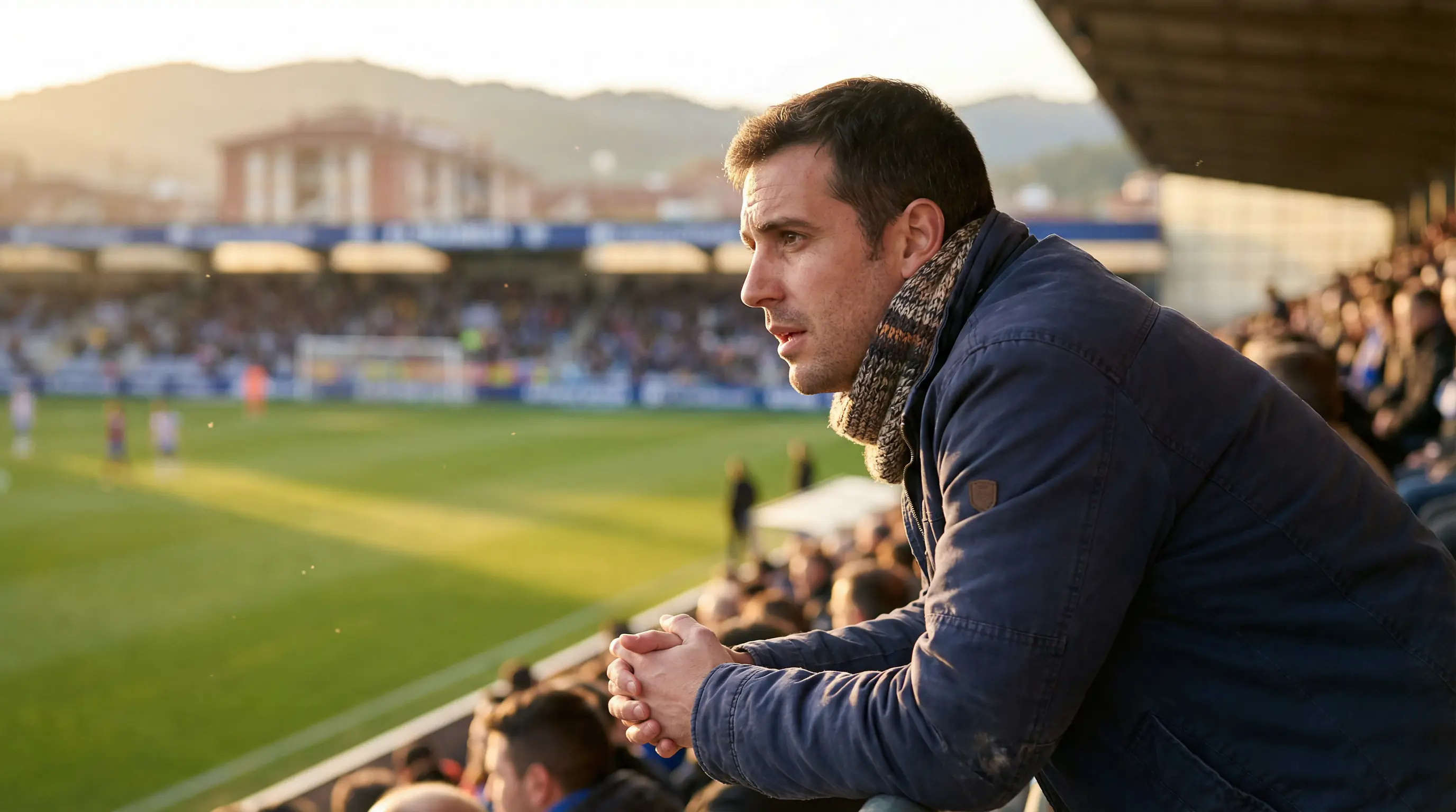 Aficionado analizando un partido de fútbol en un estadio antes de apostar al 1X2
