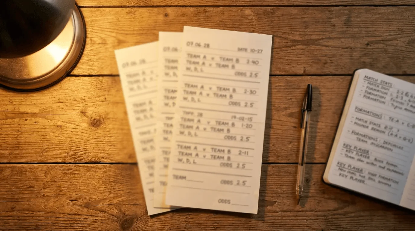 Varios boletos de apuestas sobre una mesa junto a un bolígrafo y notas de análisis de partidos