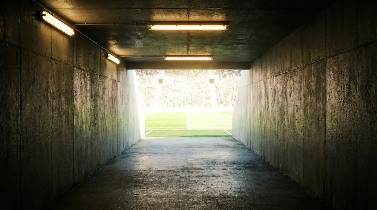 Túnel de vestuarios de un estadio de fútbol antes de un partido de eliminatoria