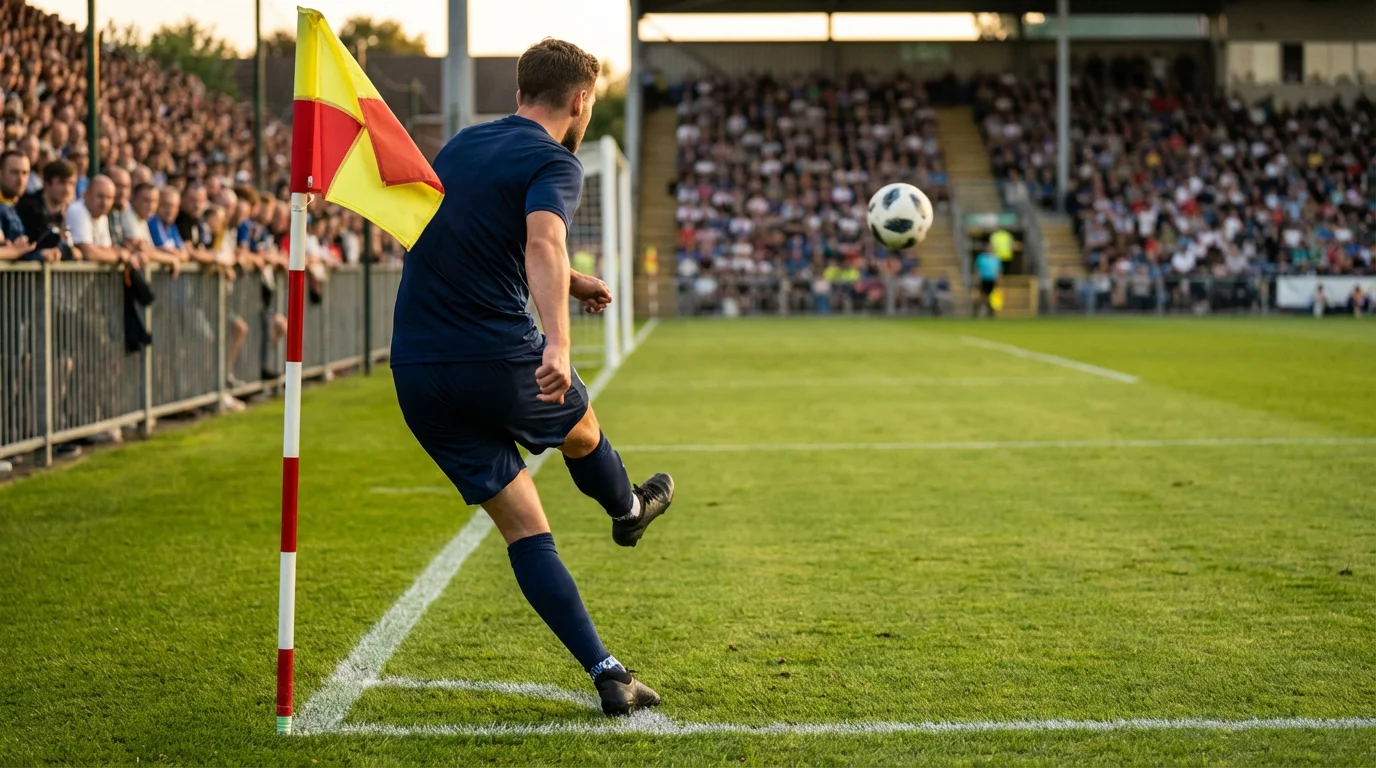 Jugador de fútbol ejecutando un saque de esquina en un campo de césped durante un partido