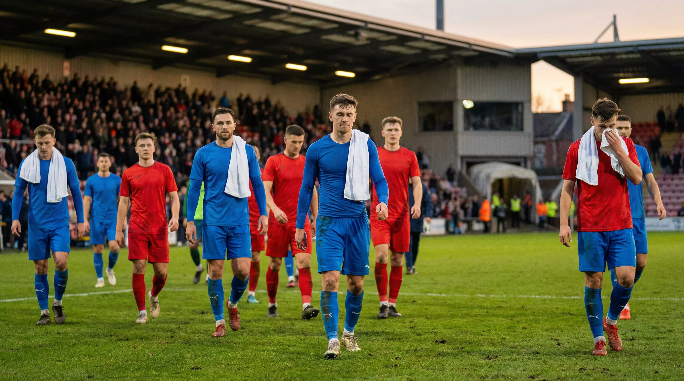 Jugadores de fútbol caminando hacia el túnel de vestuarios durante el descanso de un partido