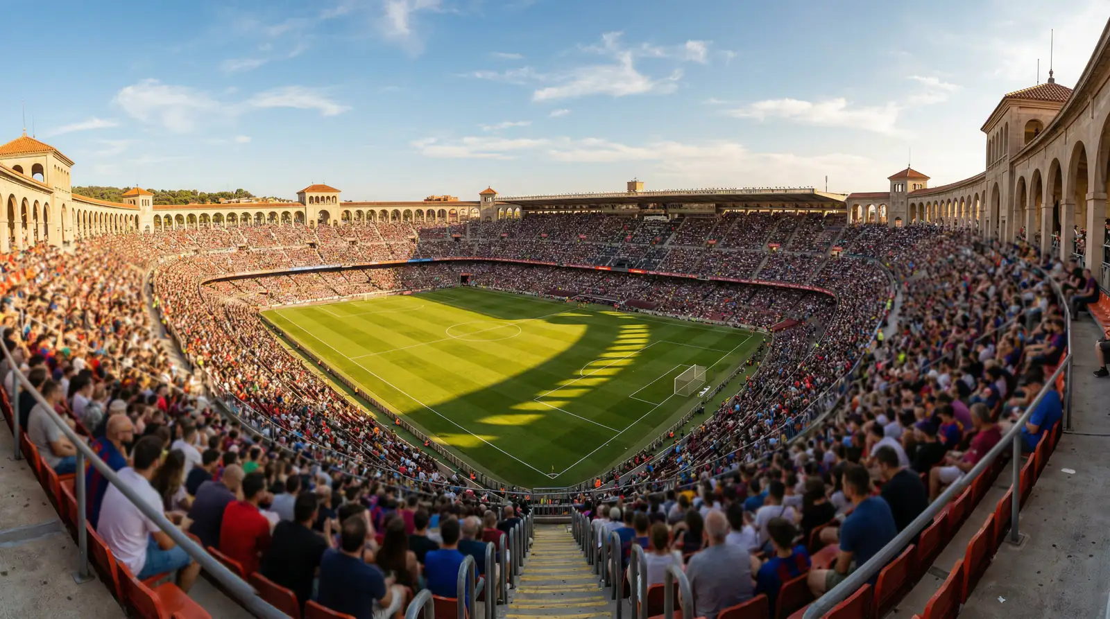 Vista panorámica de un estadio de fútbol español con césped natural durante un partido de La Liga