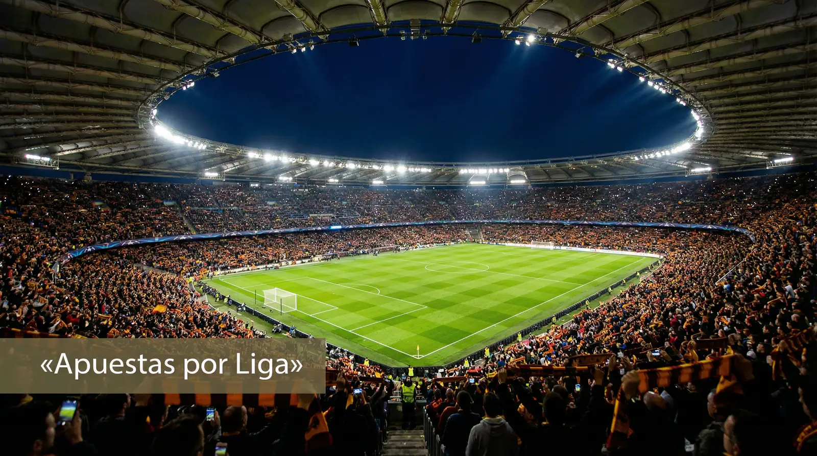 Apuestas por liga de fútbol: vista panorámica de un estadio europeo iluminado en noche de competición