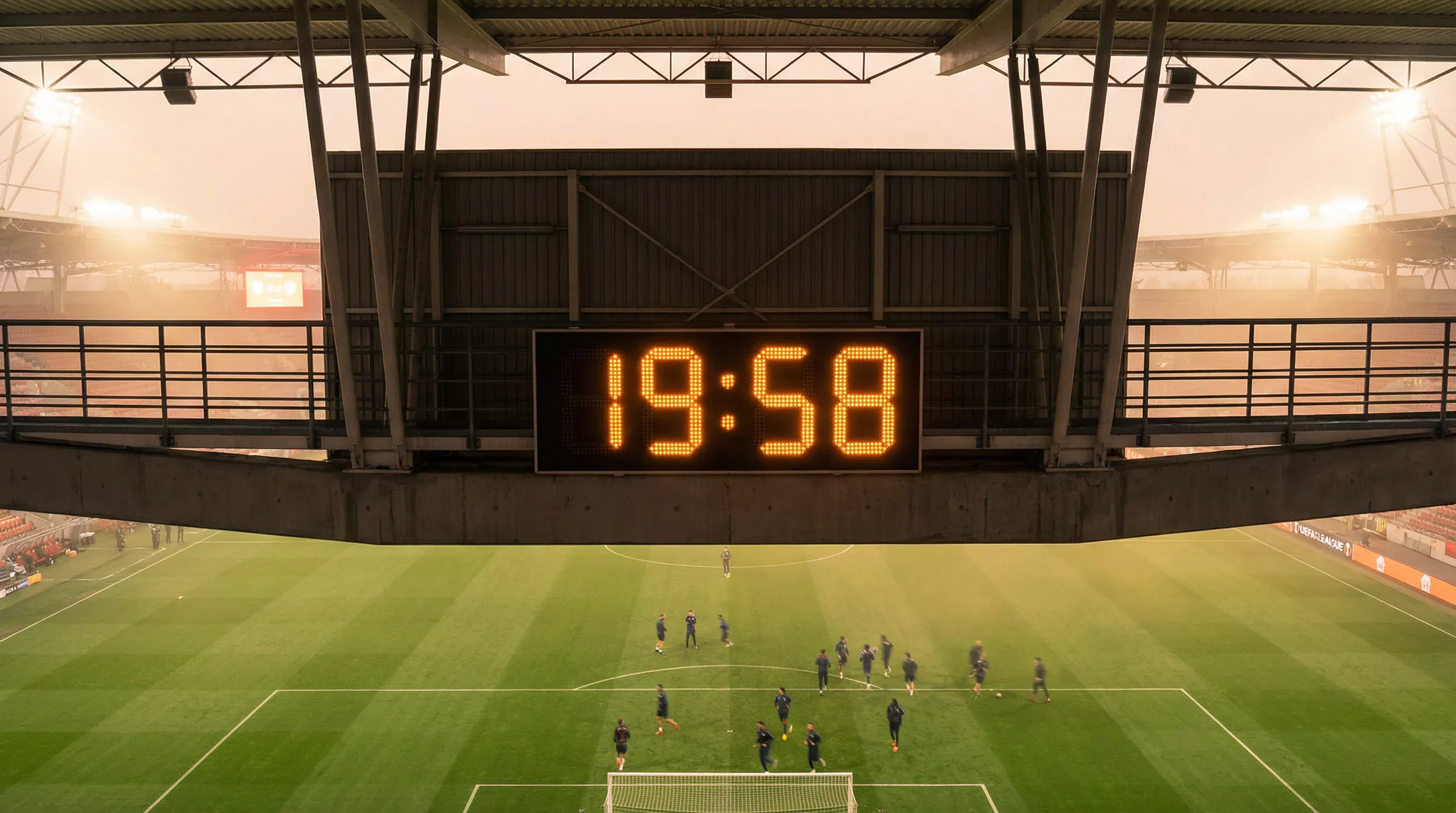 Reloj de un estadio de fútbol marcando la hora antes del inicio de un partido