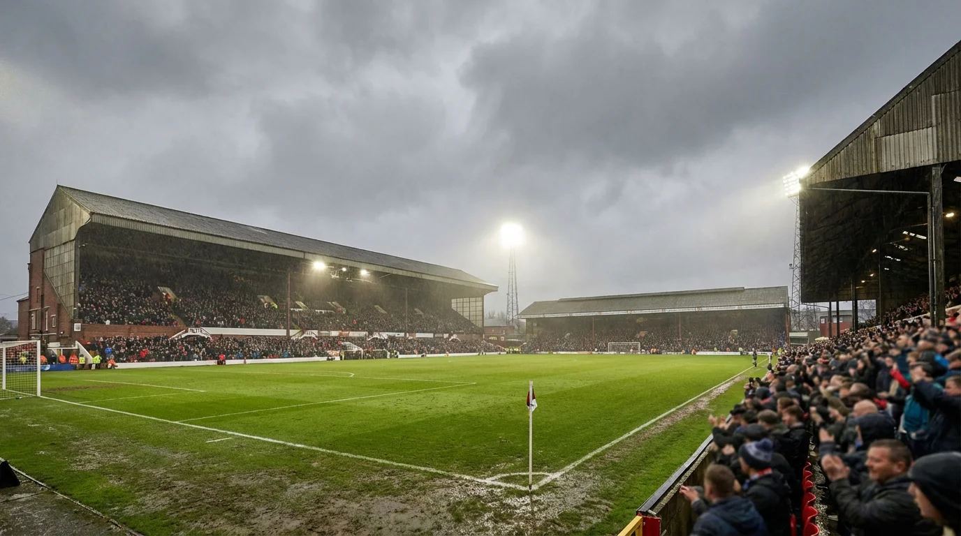 Estadio de fútbol inglés con grada llena durante un partido de la Premier League en césped mojado