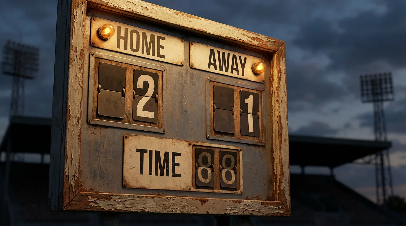 Tablero de marcador de un estadio de fútbol mostrando el resultado de un partido