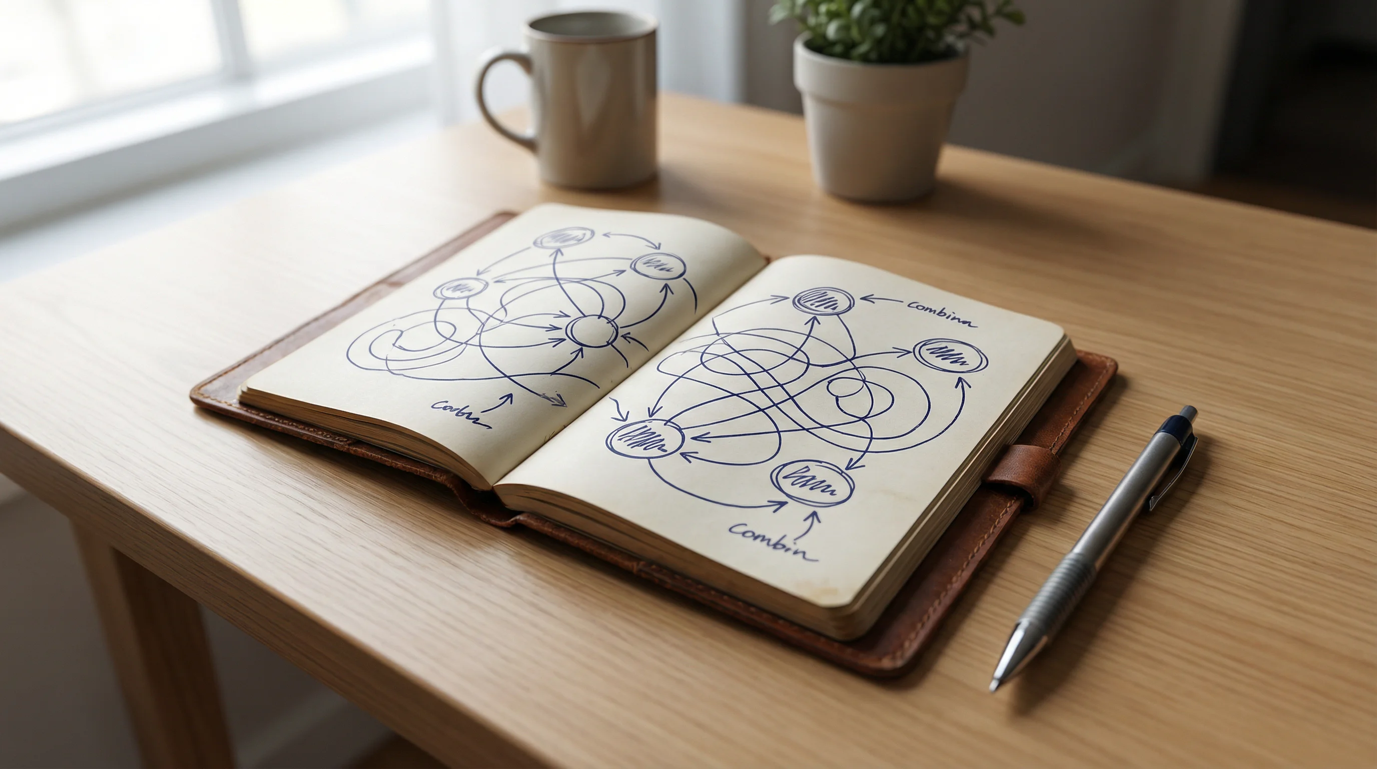 Cuaderno abierto con esquemas de combinaciones de apuestas escritos a mano junto a un bolígrafo