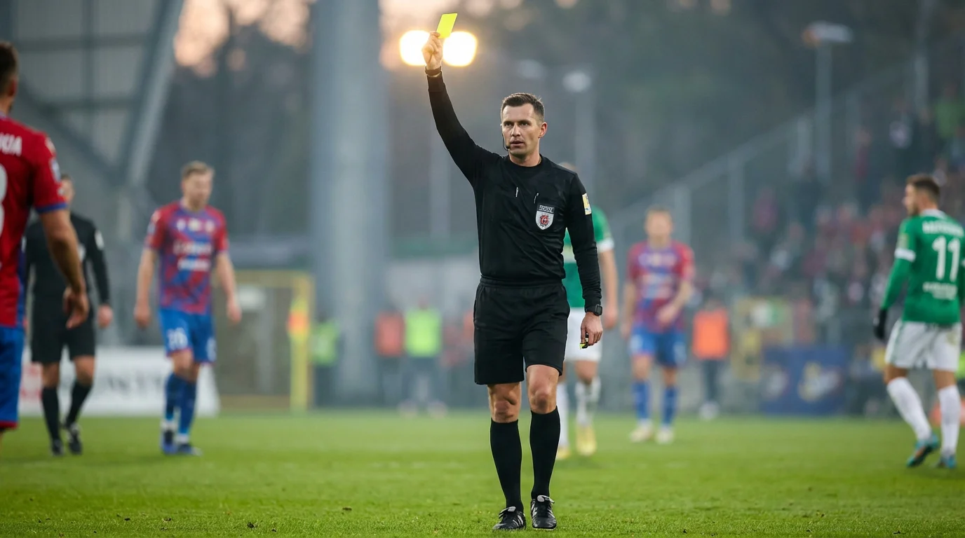 Árbitro de fútbol mostrando una tarjeta amarilla durante un partido en un campo de césped