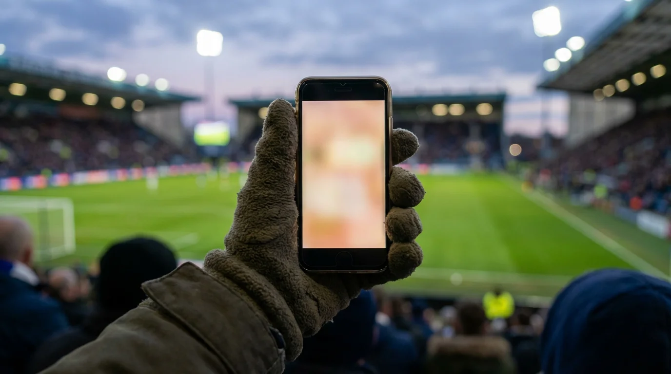 Mano de una persona pulsando un botón en la pantalla de un móvil durante un partido de fútbol