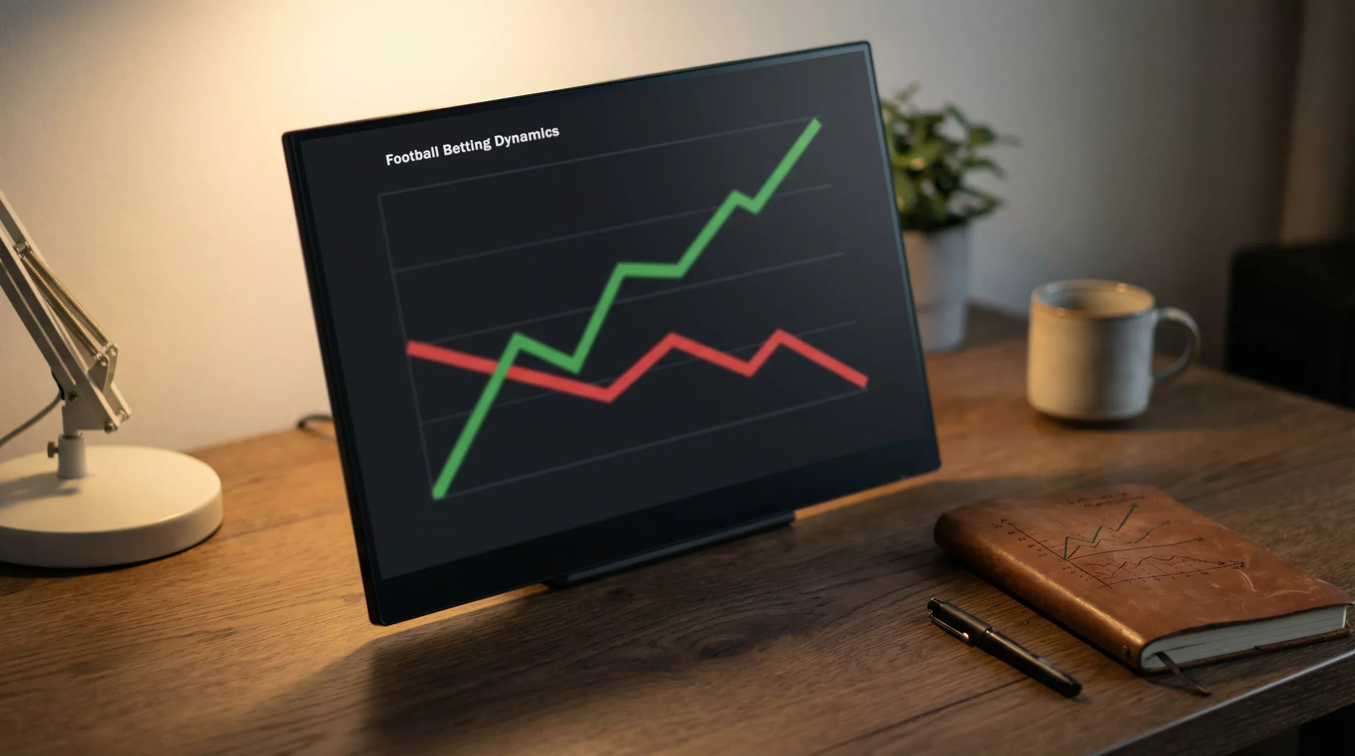 Monitor con gráfico de líneas mostrando la fluctuación de cuotas durante un partido de fútbol