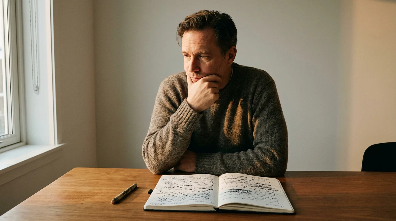 Persona pensativa con la mano en la barbilla frente a una libreta de apuestas tachada