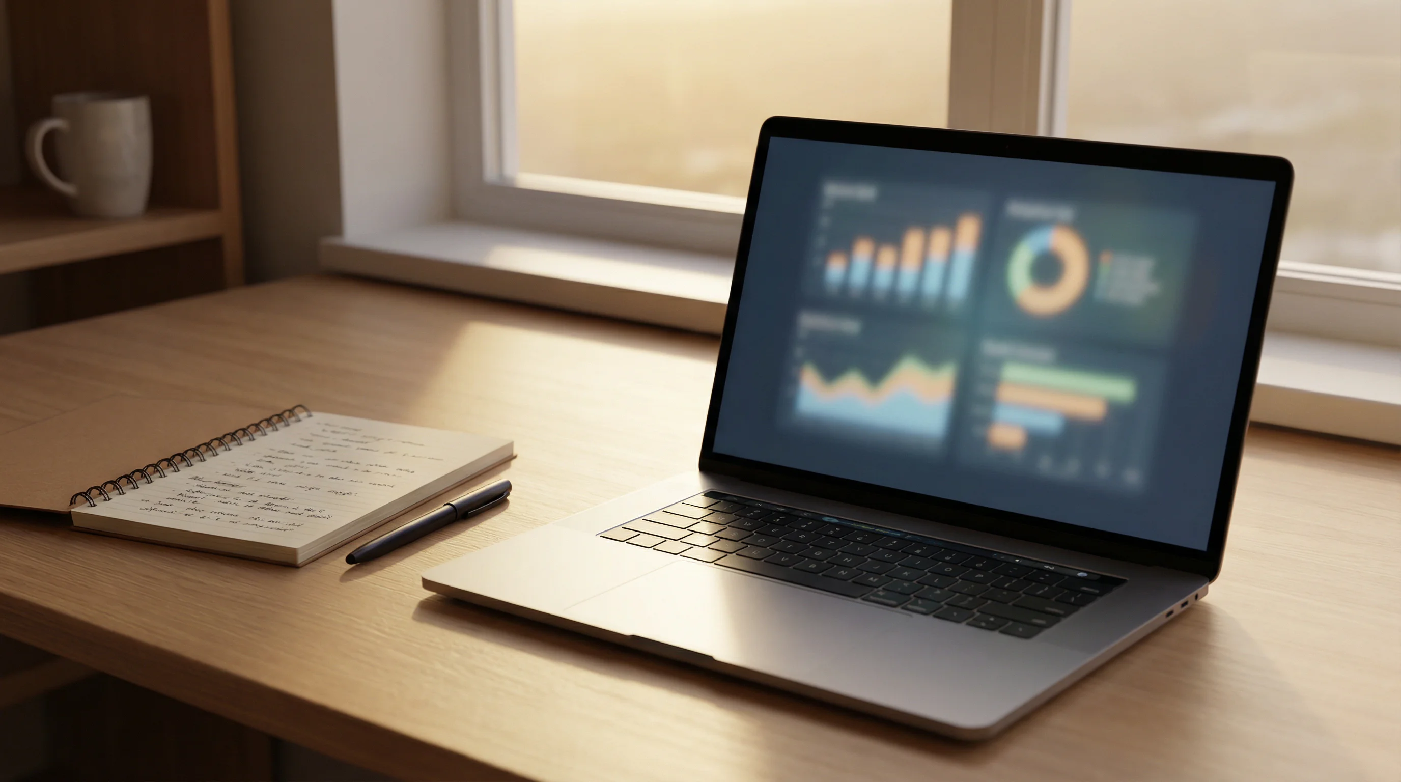 Portátil mostrando estadísticas de un partido de fútbol sobre un escritorio con libreta de notas