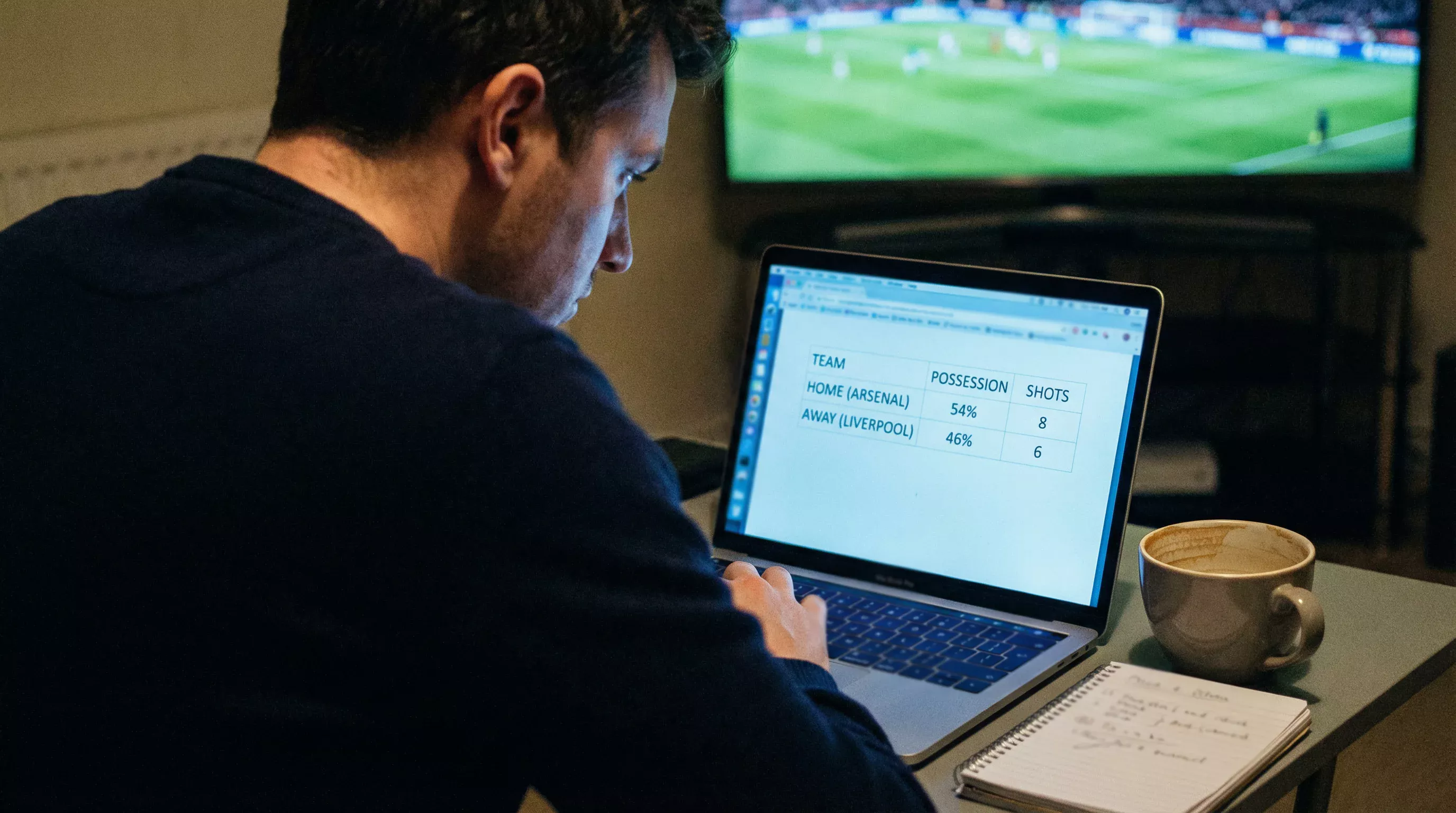 Persona analizando estadísticas de fútbol en una pantalla de ordenador portátil