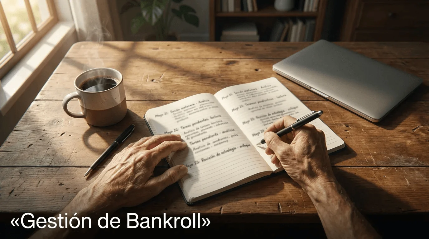 Gestión de bankroll en apuestas: persona organizando un cuaderno de registro con anotaciones de apuestas deportivas