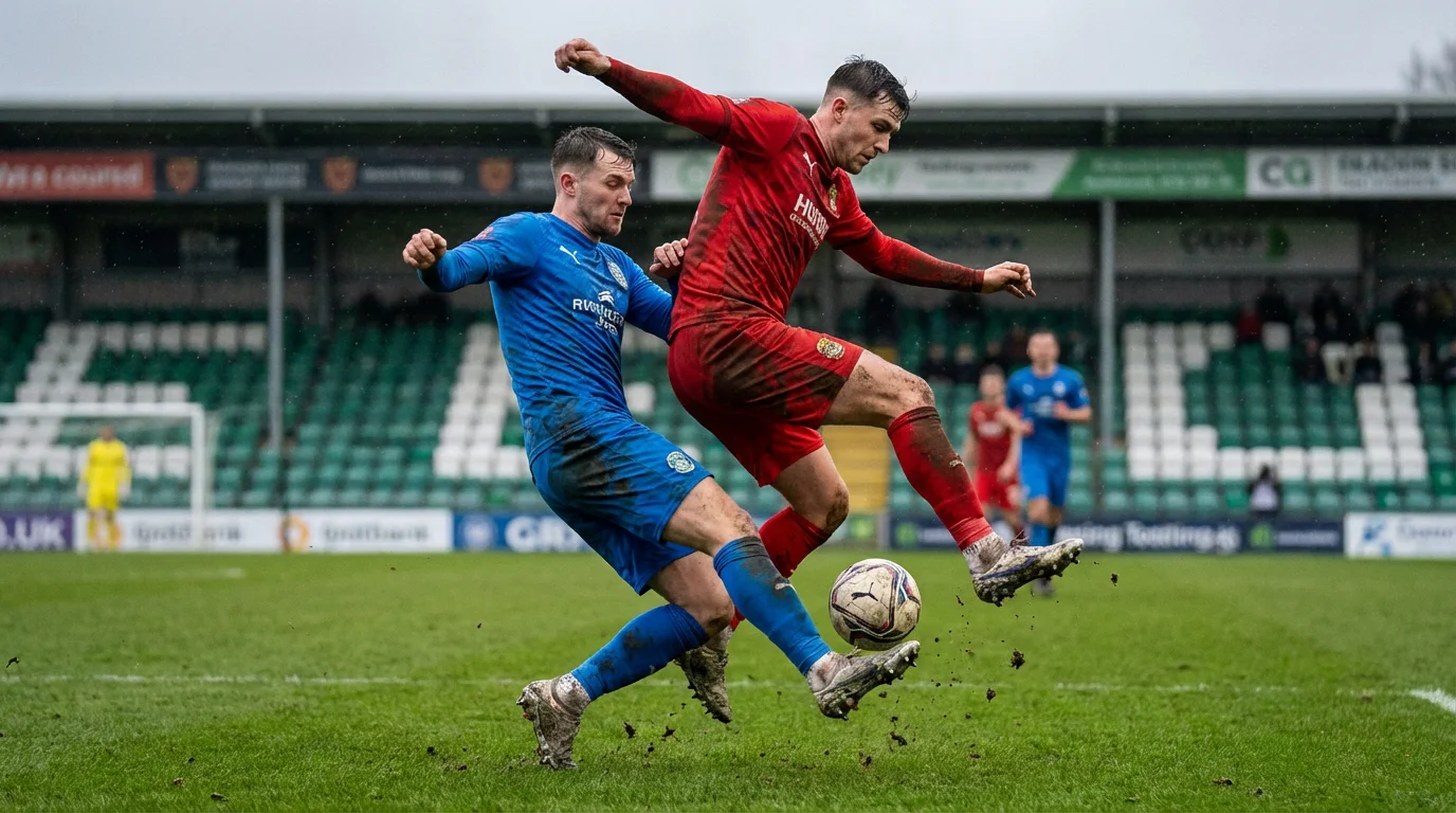 Dos equipos de fútbol disputando un balón en un campo de césped natural con diferencia de nivel visible