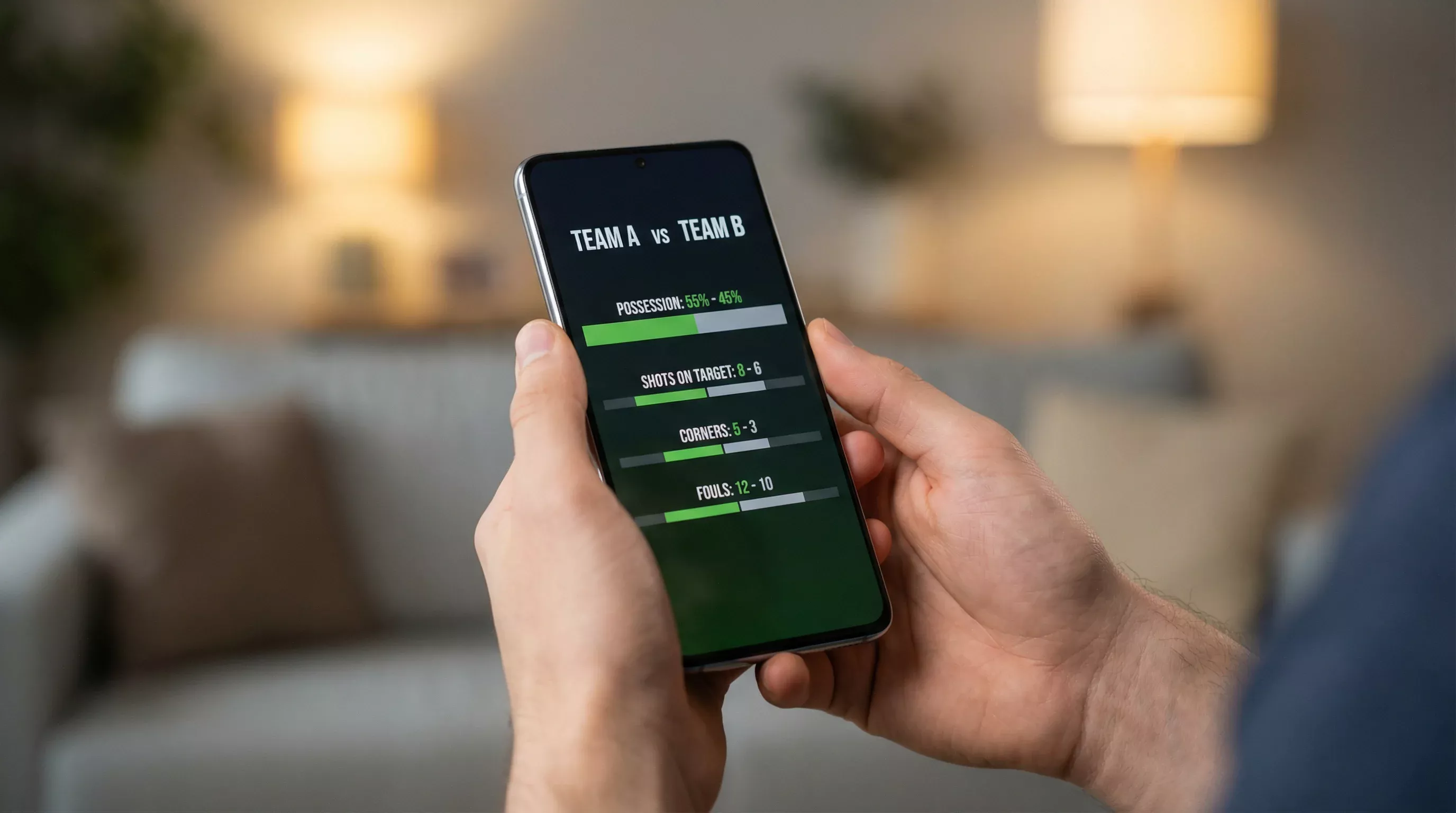 Manos sosteniendo un teléfono móvil con una aplicación de estadísticas de fútbol en tiempo real