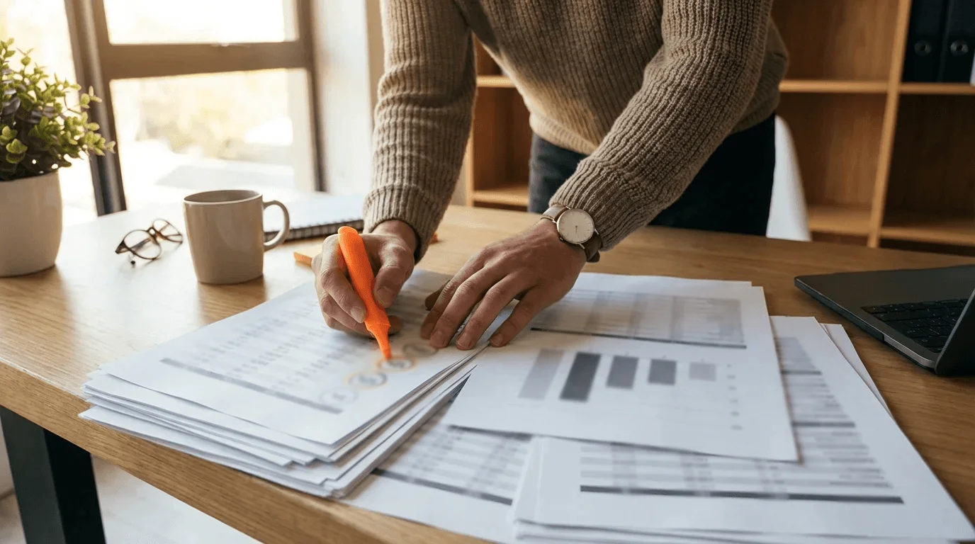 Persona revisando documentos con porcentajes en un escritorio ordenado