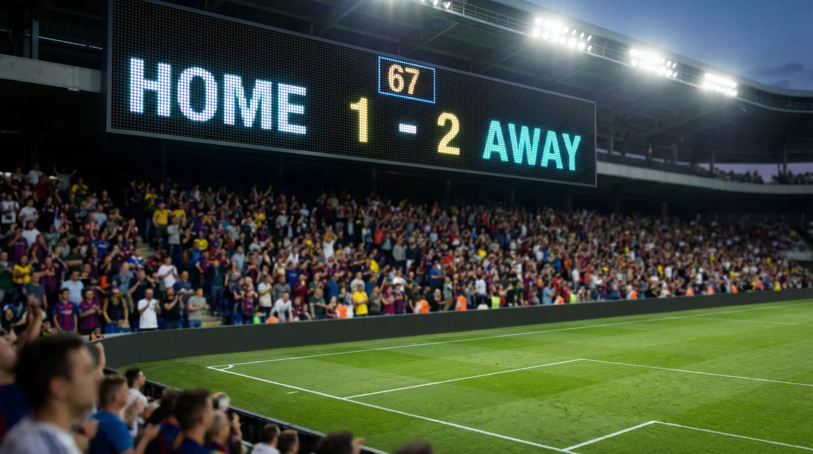 Pantalla de marcador en un estadio de fútbol mostrando el resultado de un partido en directo