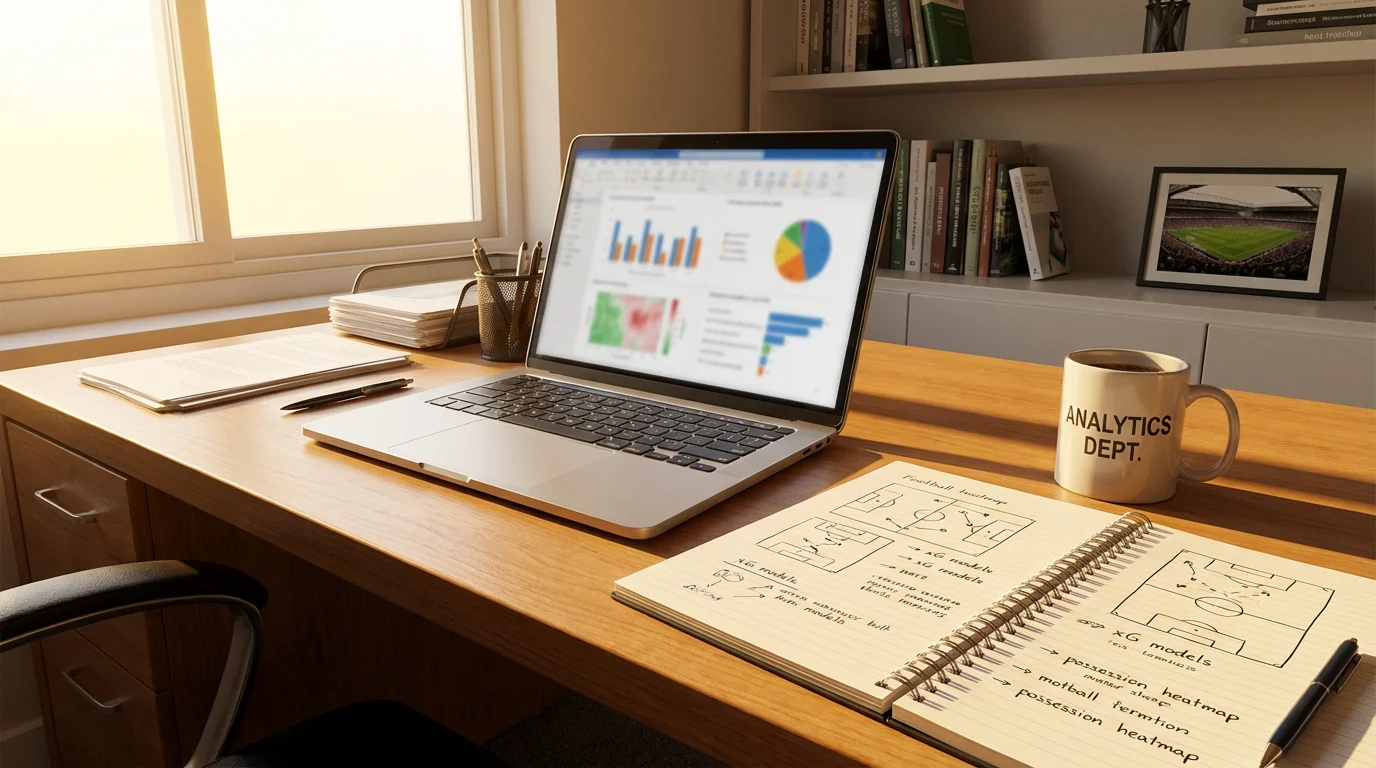 Analista revisando estadísticas de fútbol en un portátil con libreta de notas al lado