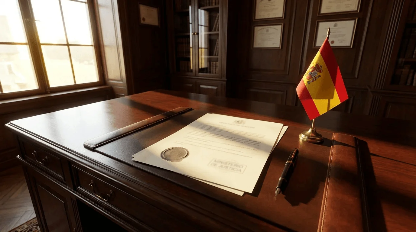 Documento oficial sobre una mesa de despacho con un sello y una bandera de España al fondo