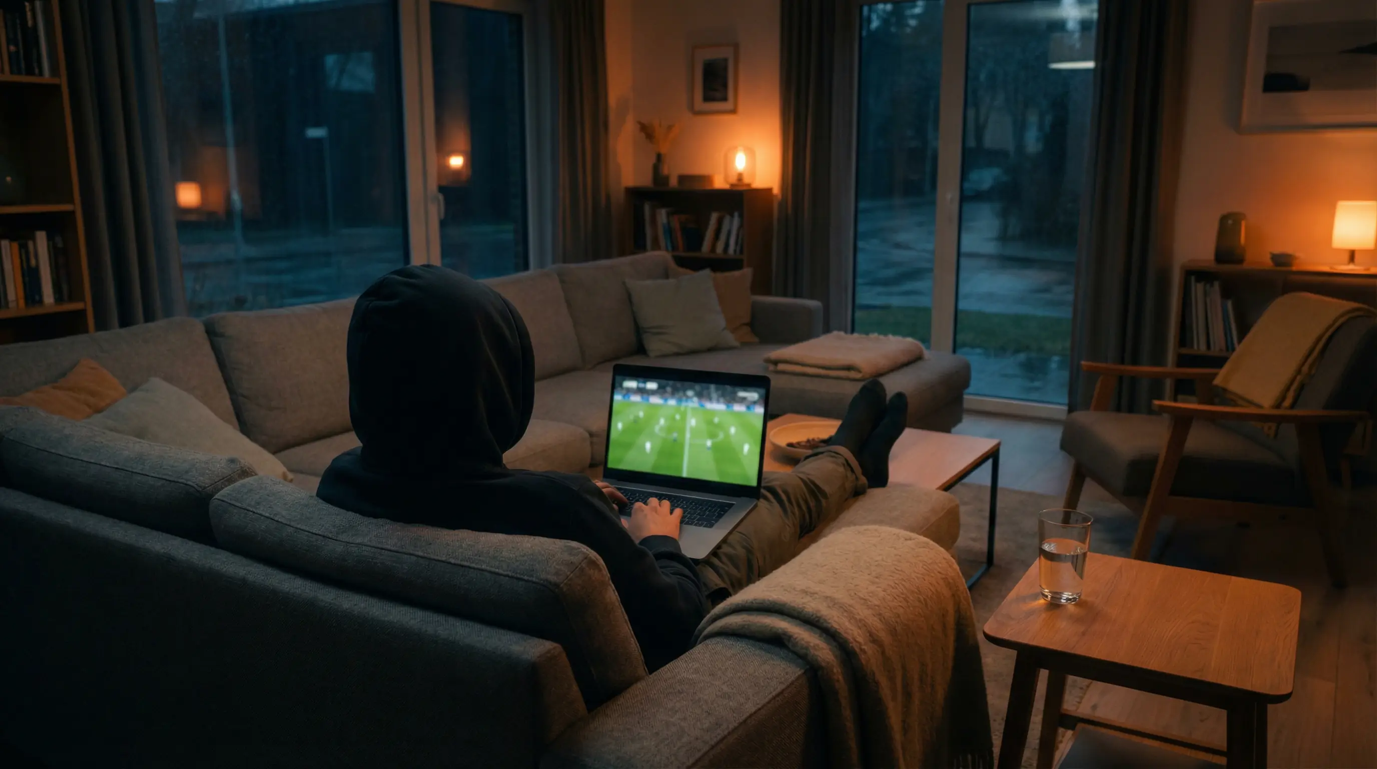 Persona viendo un partido de fútbol en streaming en la pantalla de un portátil en un salón