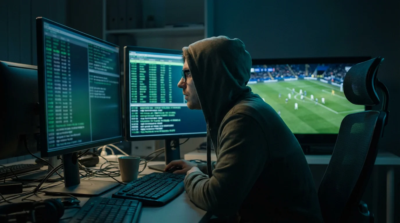 Persona concentrada observando múltiples pantallas con datos en tiempo real durante un partido de fútbol