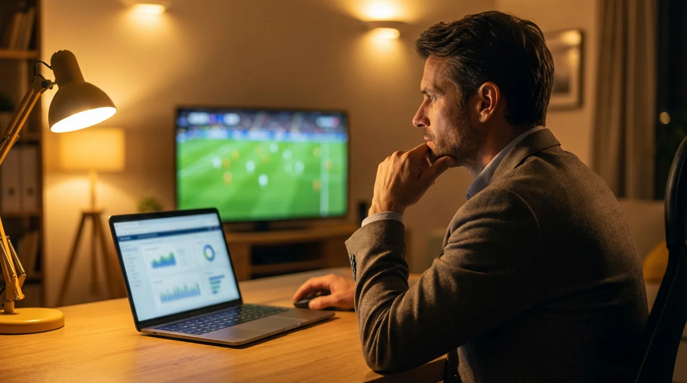 Analista deportivo comparando datos en una pantalla de portátil con un partido de fútbol de fondo